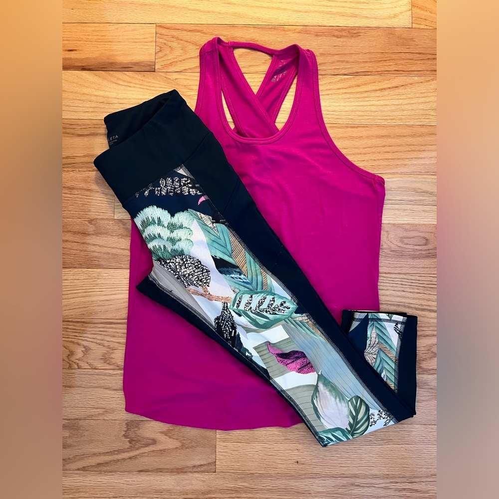 Athleta Magenta Fushia & Navy Floral Leggings and Open Back Tank Top SET